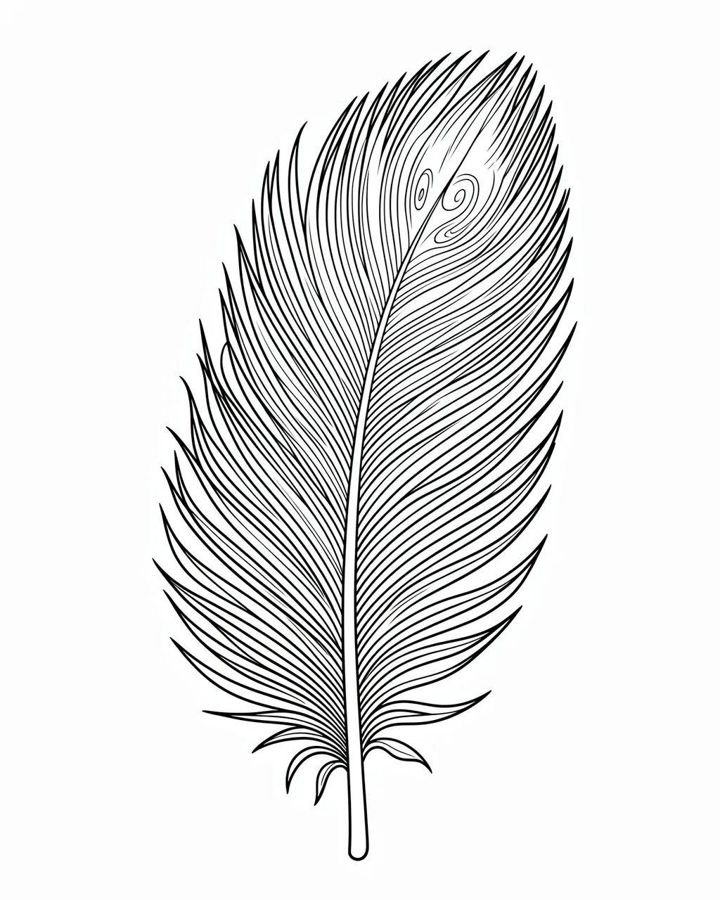 Black and white detailed line art illustration of a feather with fine barbs and swirls on a plain white background
