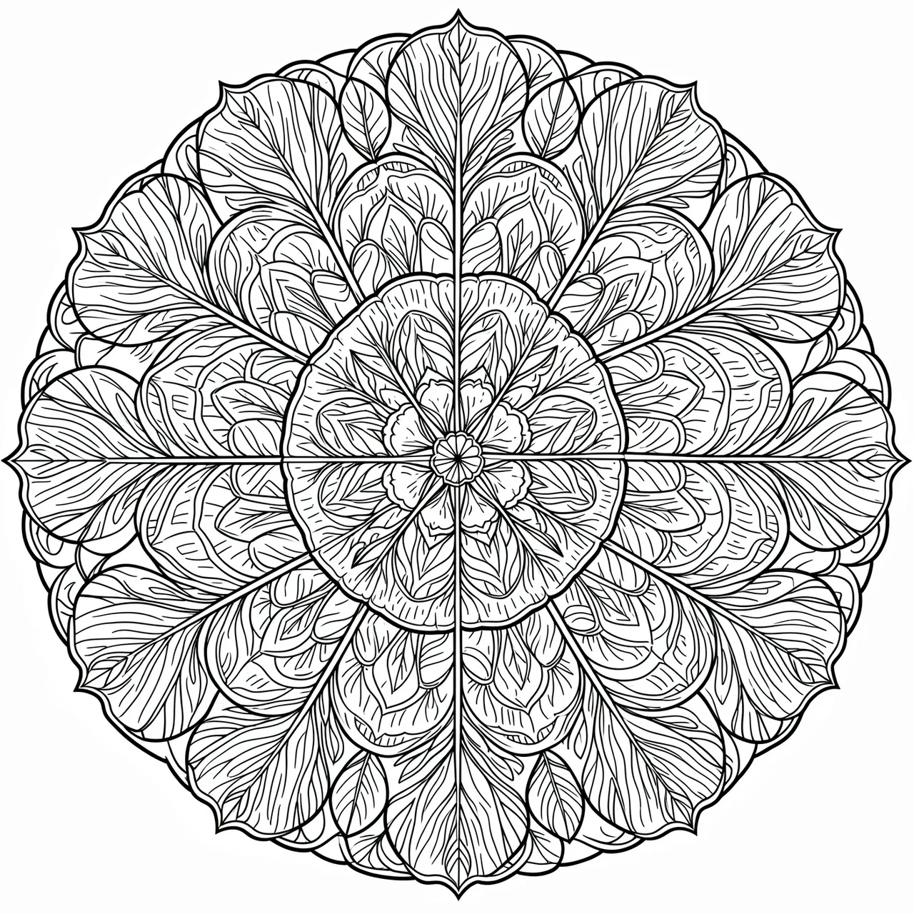 Symmetrical black and white line art mandala with feather and turkey tail detailing on a plain white background