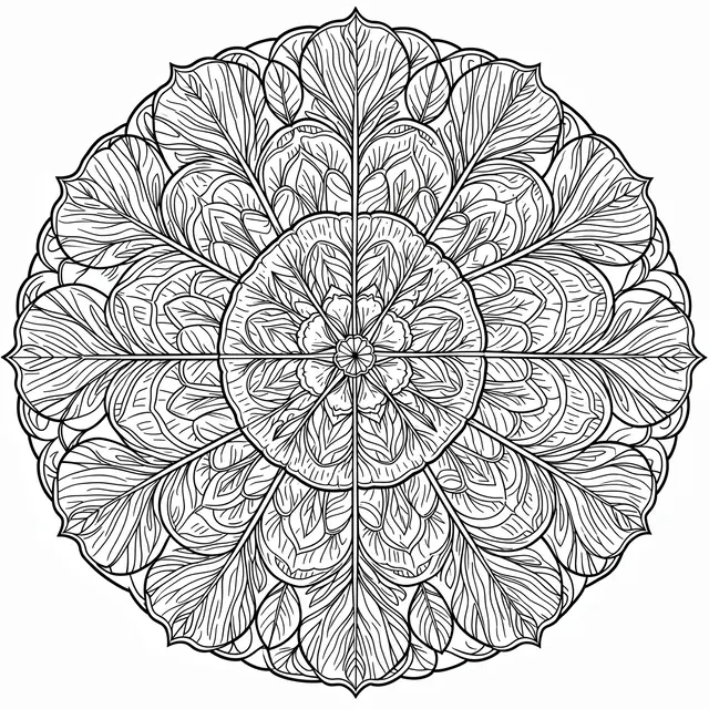 Symmetrical black and white line art mandala with feather and turkey tail detailing on a plain white background