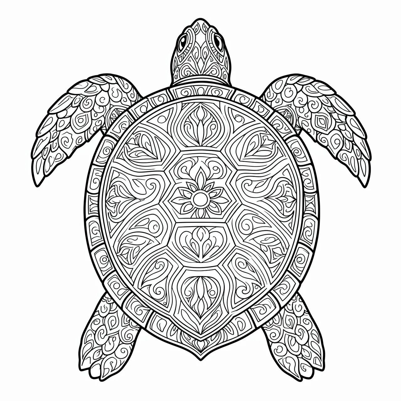 Top-down black and white line art of an ornate mandala turtle on a plain white background
