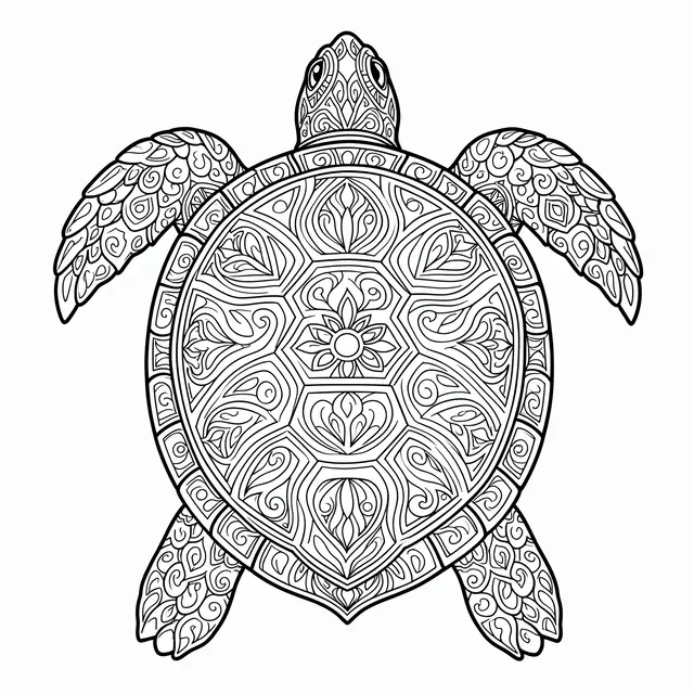 Top-down black and white line art of an ornate mandala turtle on a plain white background