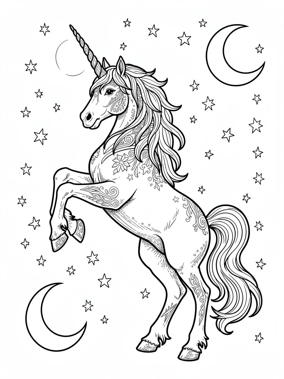 Black and white line art of a rearing patterned unicorn surrounded by stars and crescent moons