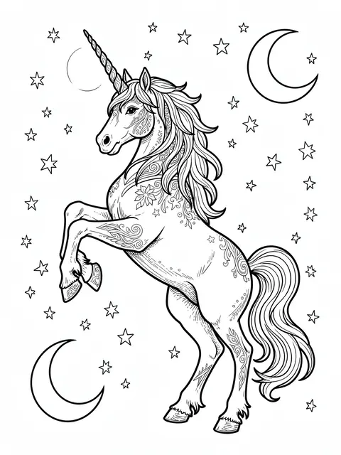 Black and white line art of a rearing patterned unicorn surrounded by stars and crescent moons