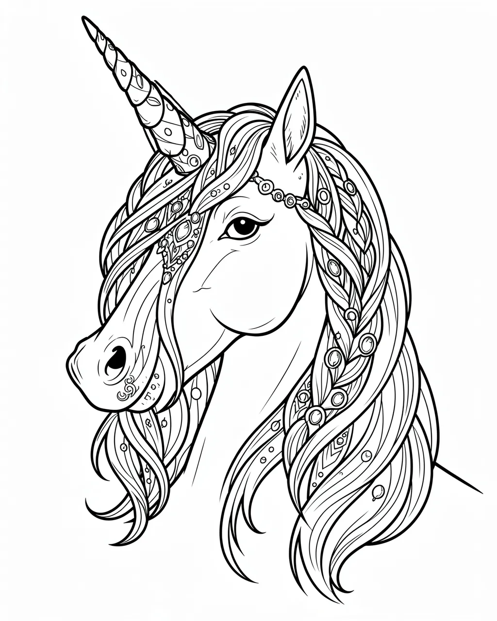 Black and white line art of a detailed unicorn head with a braided jeweled mane on a plain white background