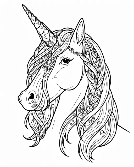 Black and white line art of a detailed unicorn head with a braided jeweled mane on a plain white background