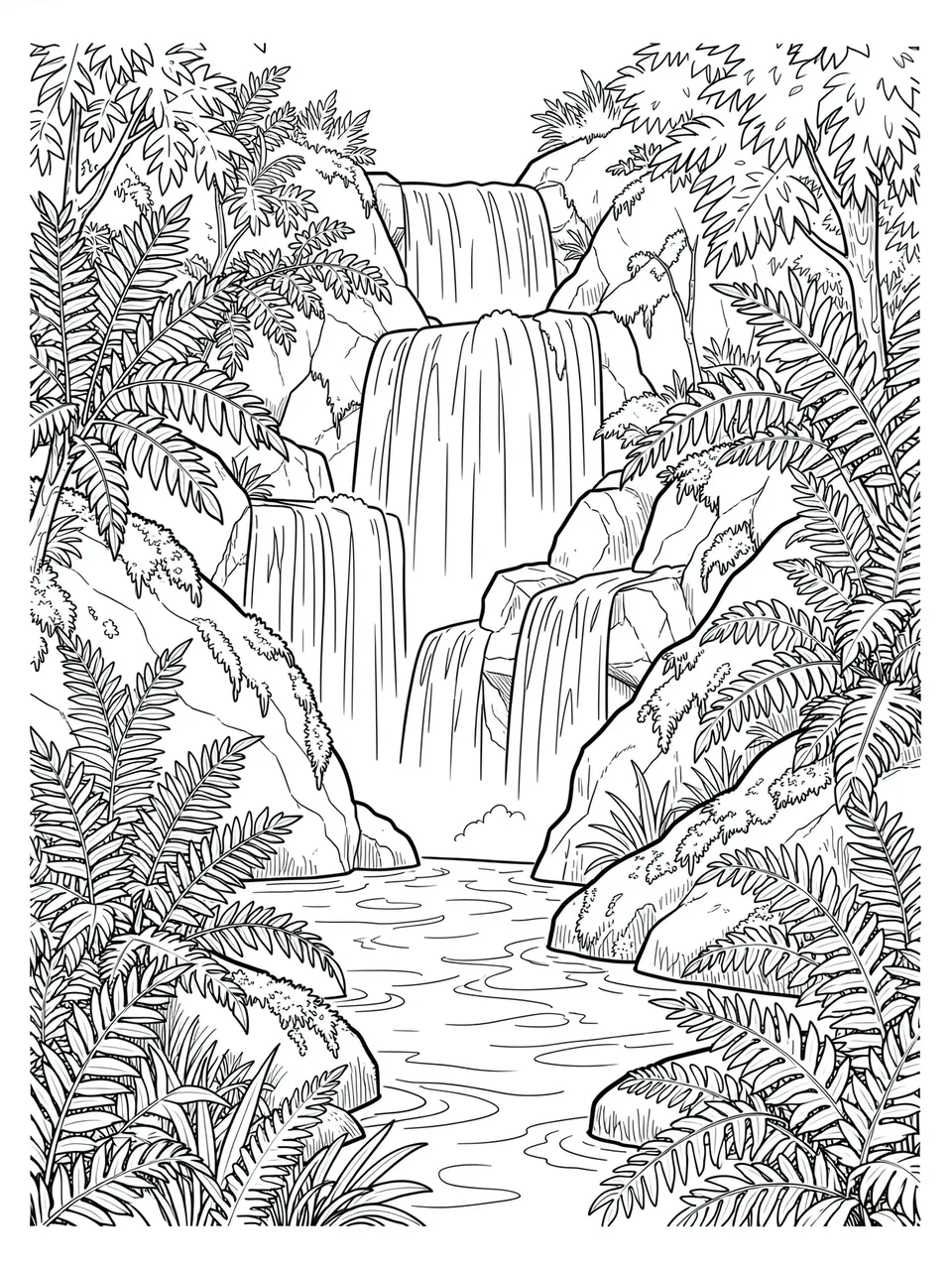 Black and white line art illustration of a tiered waterfall surrounded by ferns and mossy rocks on a white background
