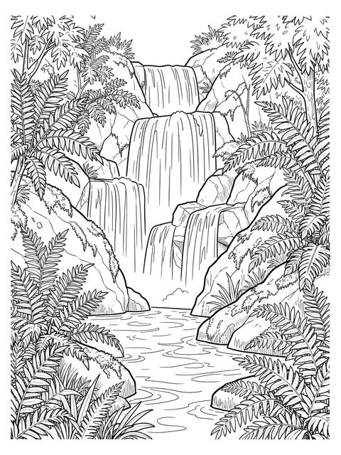 Black and white line art illustration of a tiered waterfall surrounded by ferns and mossy rocks on a white background