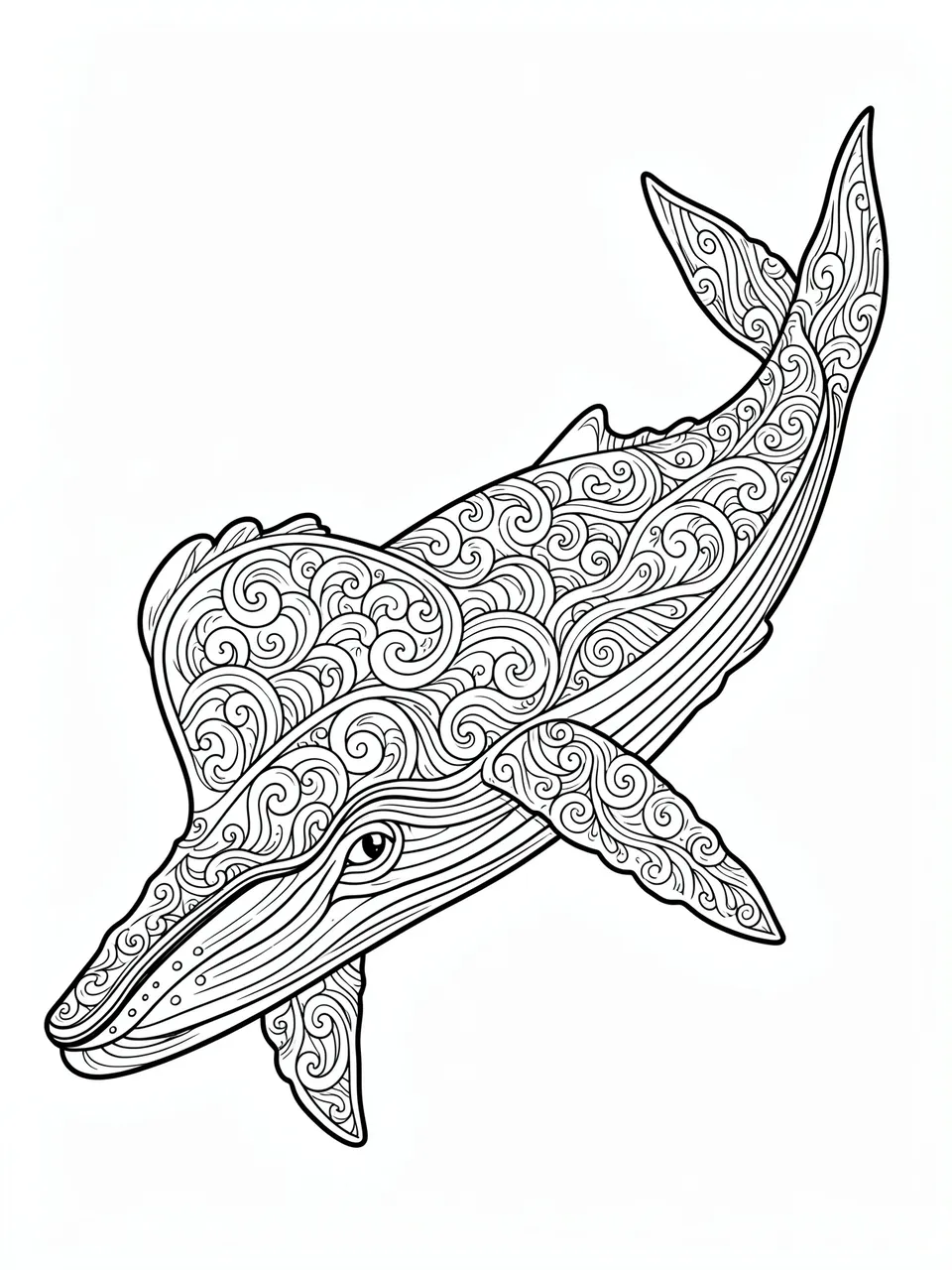 Black and white line art of an ornate whale filled with swirling wave patterns on a plain white background