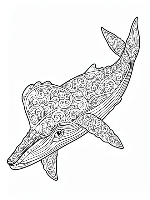 Black and white line art of an ornate whale filled with swirling wave patterns on a plain white background