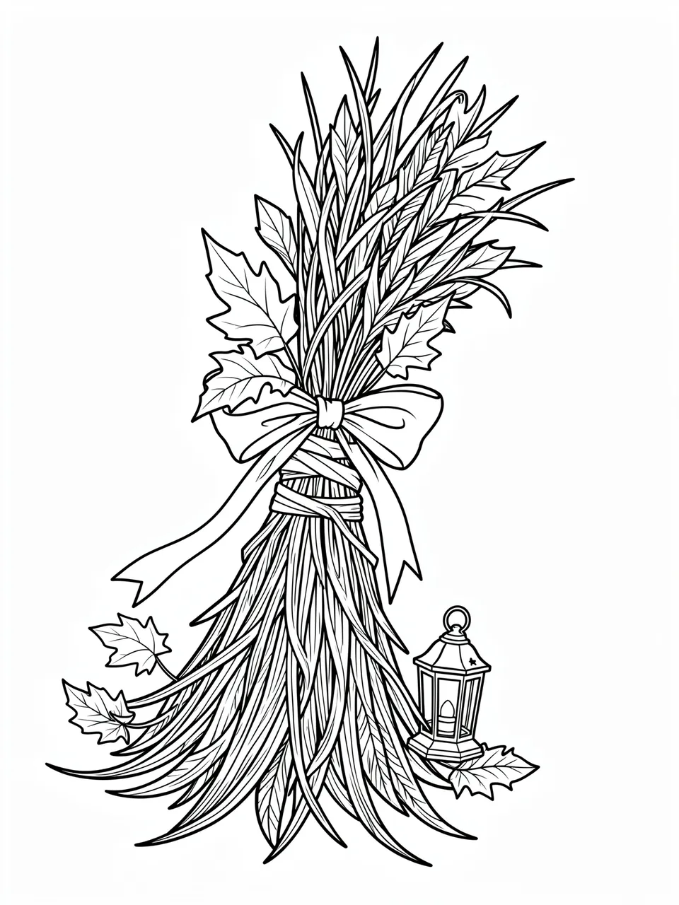 Black and white line art of a witch broom decorated with ribbon, autumn leaves, and a small lantern on a white background
