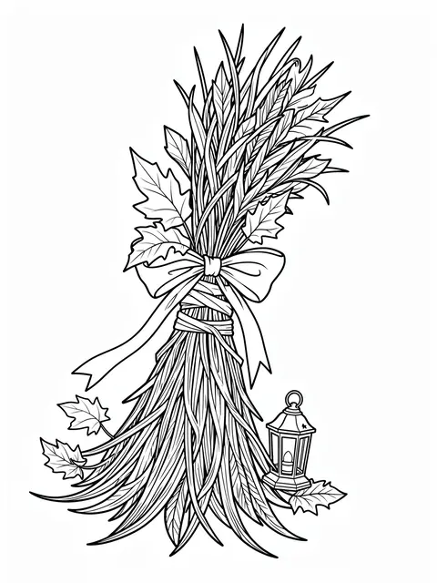 Black and white line art of a witch broom decorated with ribbon, autumn leaves, and a small lantern on a white background