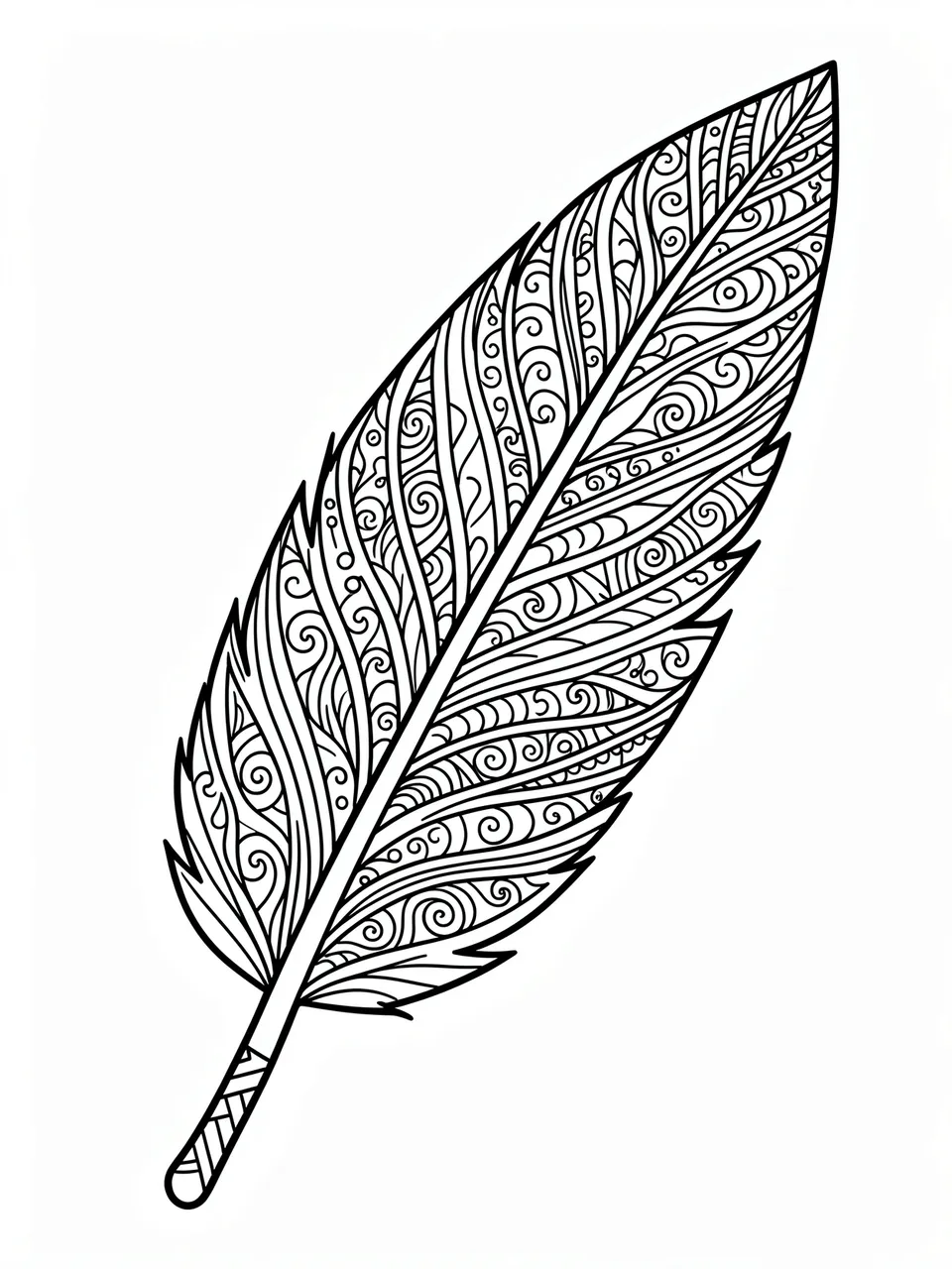 Black and white zentangle feather with intricate doodle patterns on a plain white background