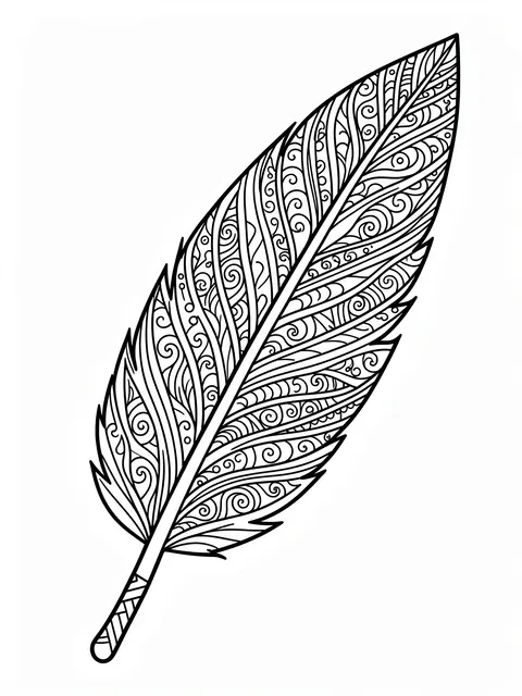Black and white zentangle feather with intricate doodle patterns on a plain white background