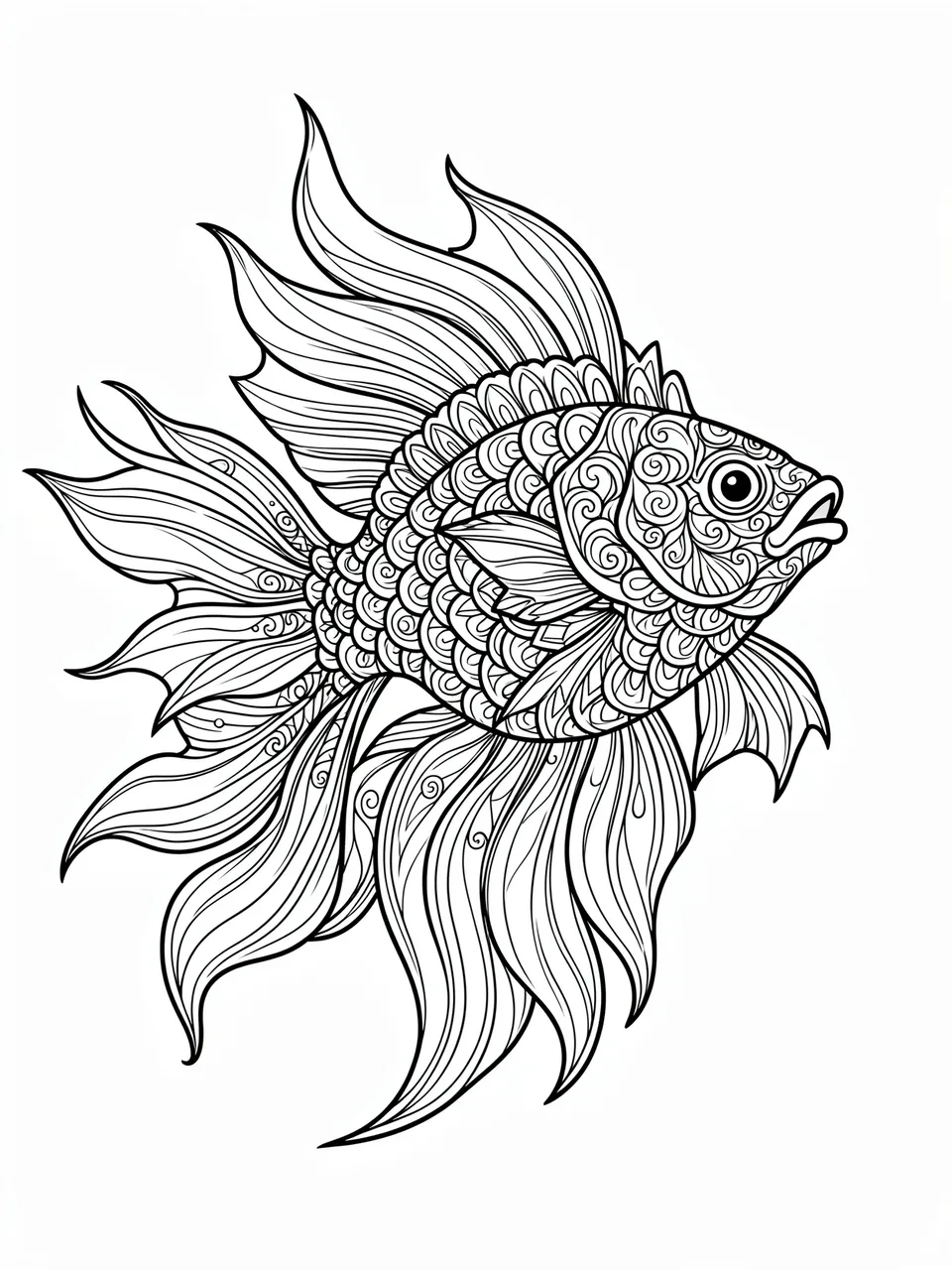 Black and white zentangle line art of an ornate fish with flowing fins on a plain white background