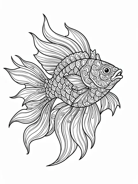 Black and white zentangle line art of an ornate fish with flowing fins on a plain white background