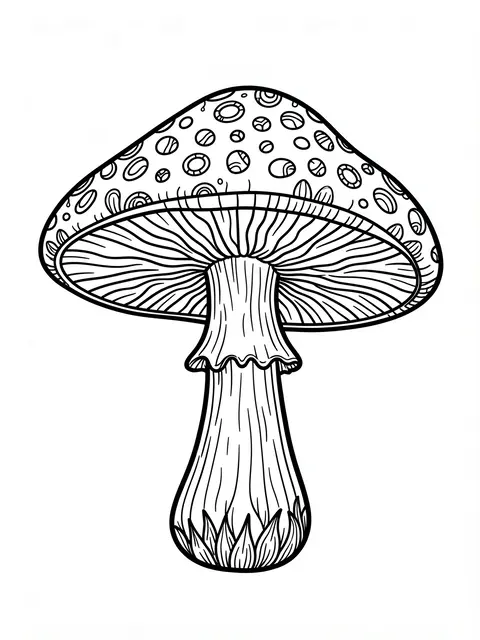Black and white line art illustration of a detailed zentangle-style mushroom on a plain white background