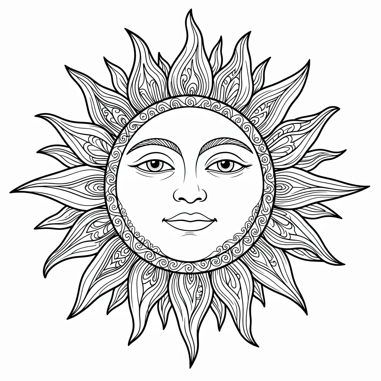 Black and white line art zentangle sun illustration with a calm humanoid face on a plain white background