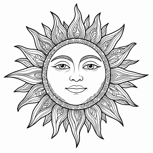 Black and white line art zentangle sun illustration with a calm humanoid face on a plain white background