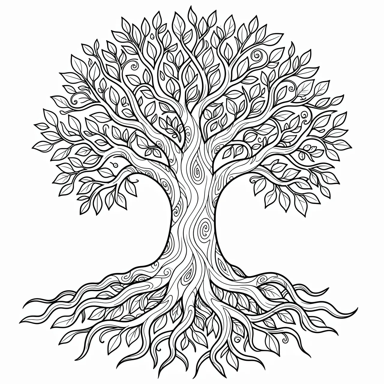 Black and white line art zentangle style tree of life with twisting roots and leafy branches on a plain white background