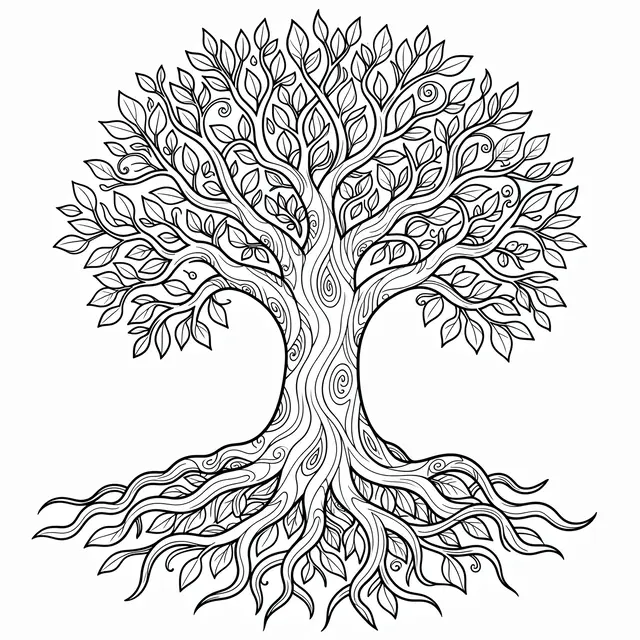 Black and white line art zentangle style tree of life with twisting roots and leafy branches on a plain white background