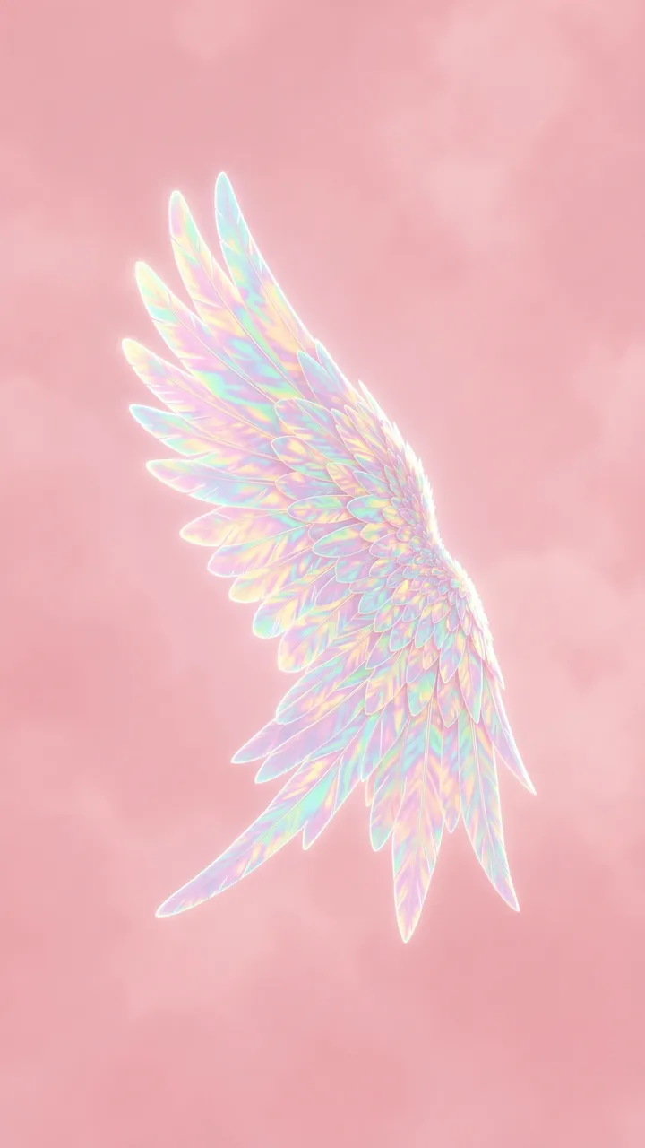 Glowing iridescent angel wing set against a soft hazy pink background