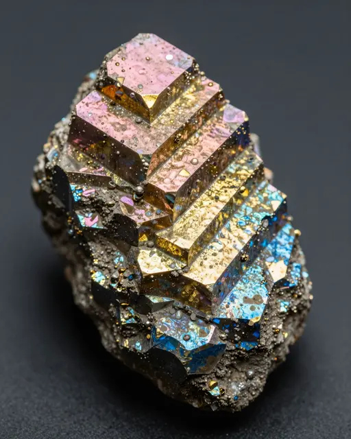 Close-up of a stepped iridescent bismuth crystal resting against a smooth dark black background