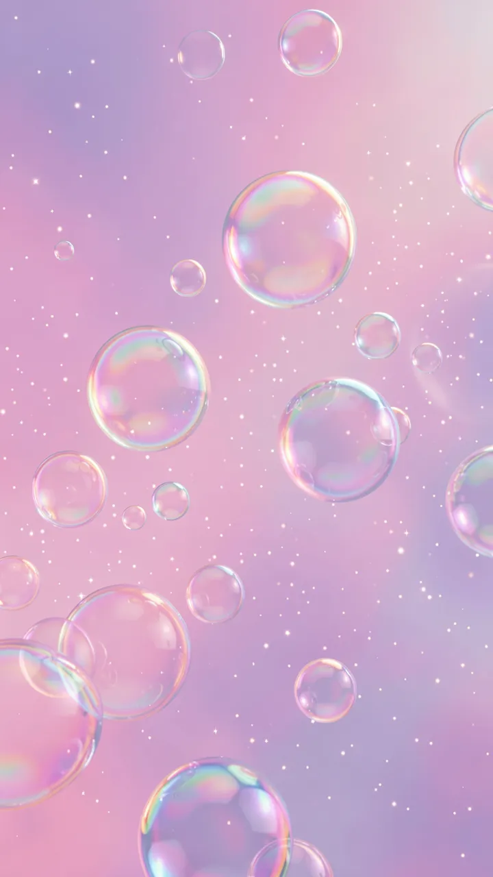 Glossy iridescent bubbles drift over a soft pink lilac haze dotted with tiny sparkling specks
