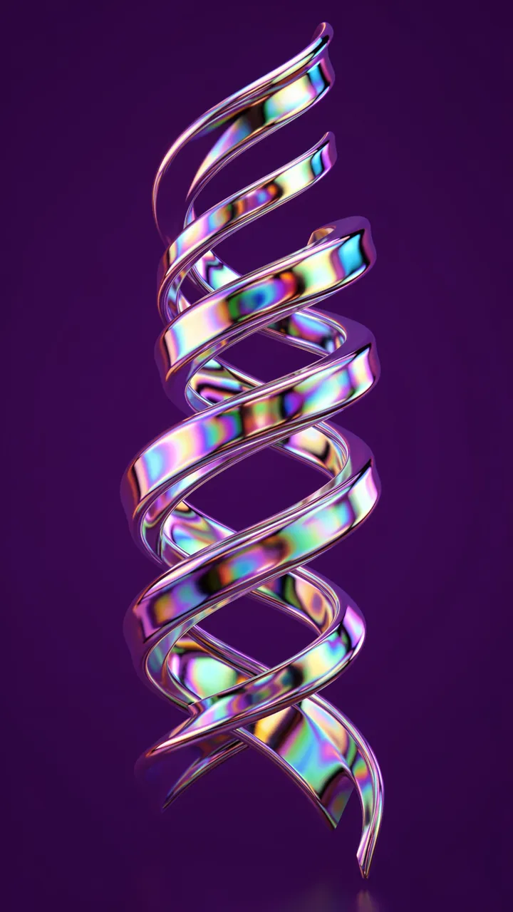 A spiraling iridescent chrome ribbon stands vertically against a deep dark violet background