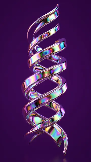 A spiraling iridescent chrome ribbon stands vertically against a deep dark violet background