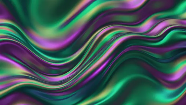 Smooth flowing iridescent abstract waves in emerald green and rich violet tones