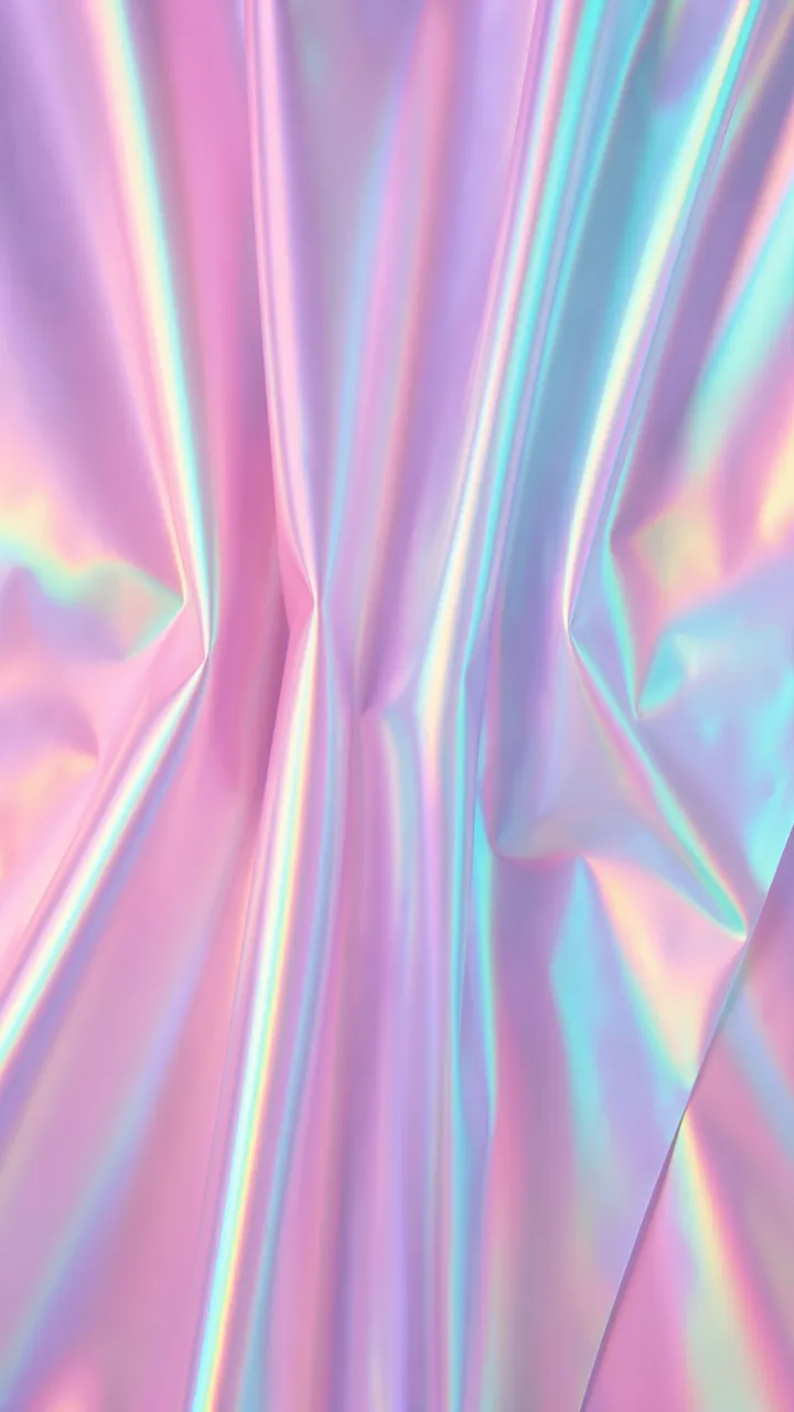 Vertical frame of soft pleated iridescent film catching shifting pink and cyan light