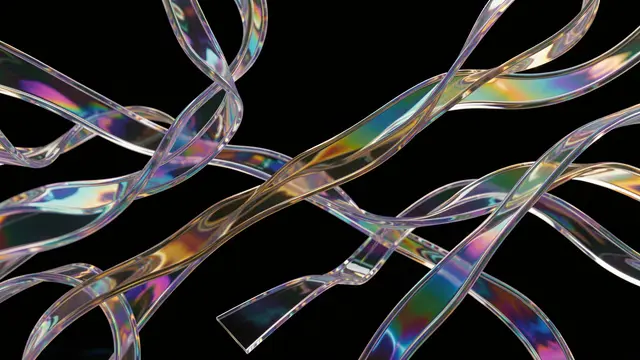 Glowing iridescent transparent glass ribbons twist and float against a solid black background