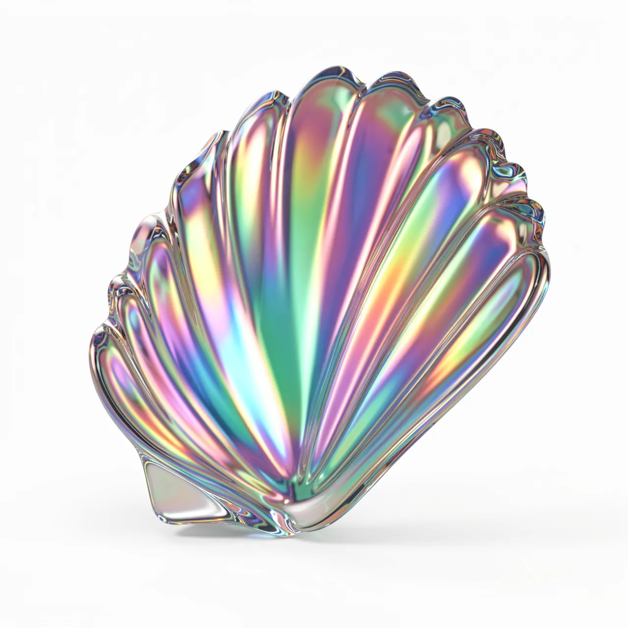 A glossy iridescent glass shell rests against a plain white background