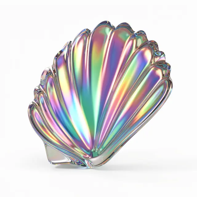 A glossy iridescent glass shell rests against a plain white background