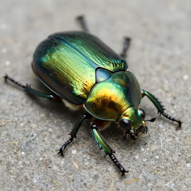 A close-up macro shot of an iridescent green jewel beetle resting on textured concrete