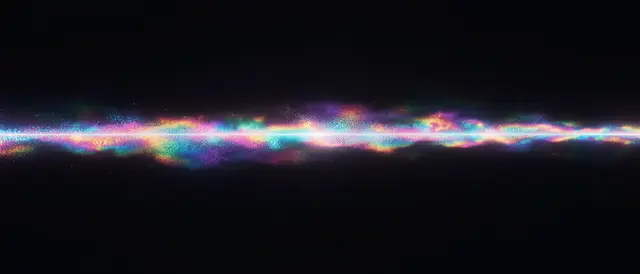 A shimmering horizontal iridescent light band stretches across a solid black dark background