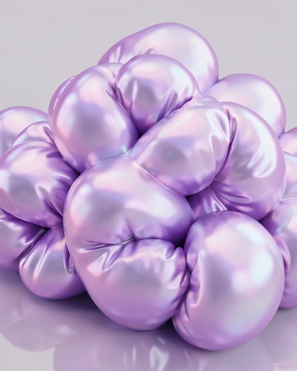 Clustered puffy iridescent lilac inflated 3D forms rest against a pale neutral background