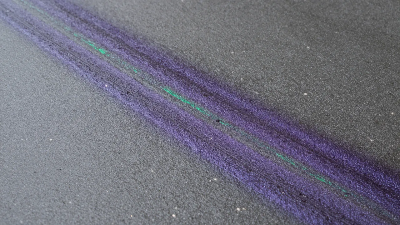 A streaked iridescent oil slick glows purple and green across dark wet asphalt pavement