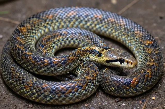 A coiled rainbow boa with glossy iridescent scales rests on dark earthy ground.