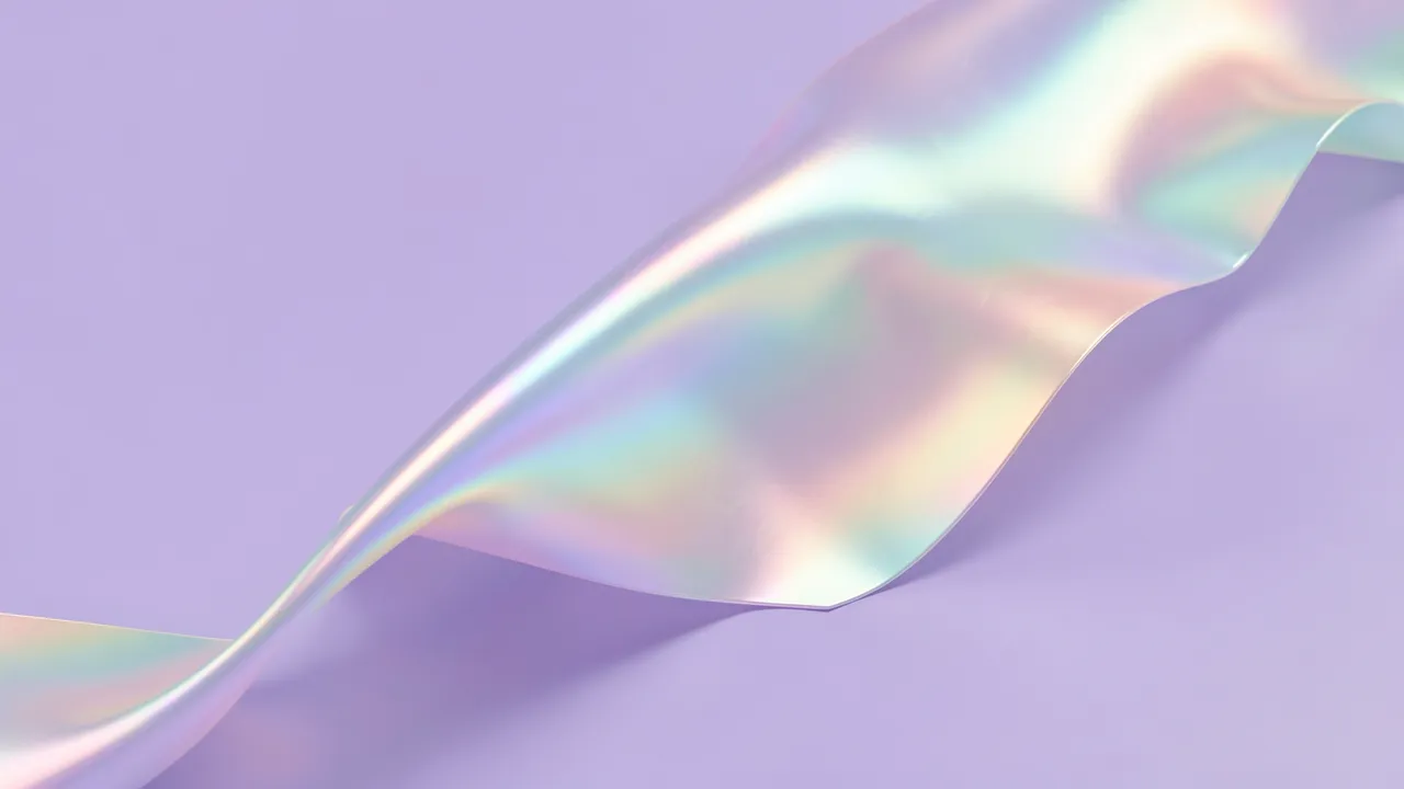 Softly folded iridescent holographic ribbon rests on a smooth solid lilac background with pearly light highlights.