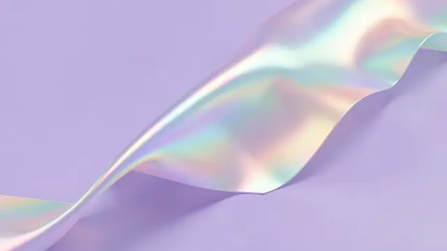 Softly folded iridescent holographic ribbon rests on a smooth solid lilac background with pearly light highlights.