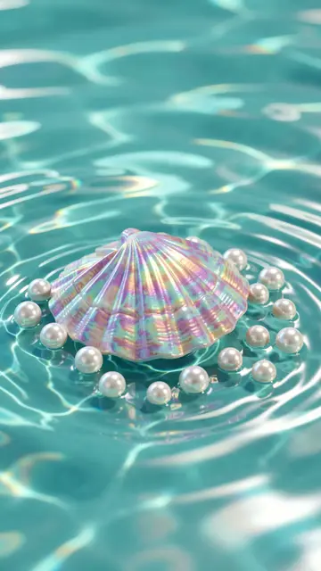 An iridescent scallop seashell surrounded by loose pearls rests on shimmering aqua rippled water.