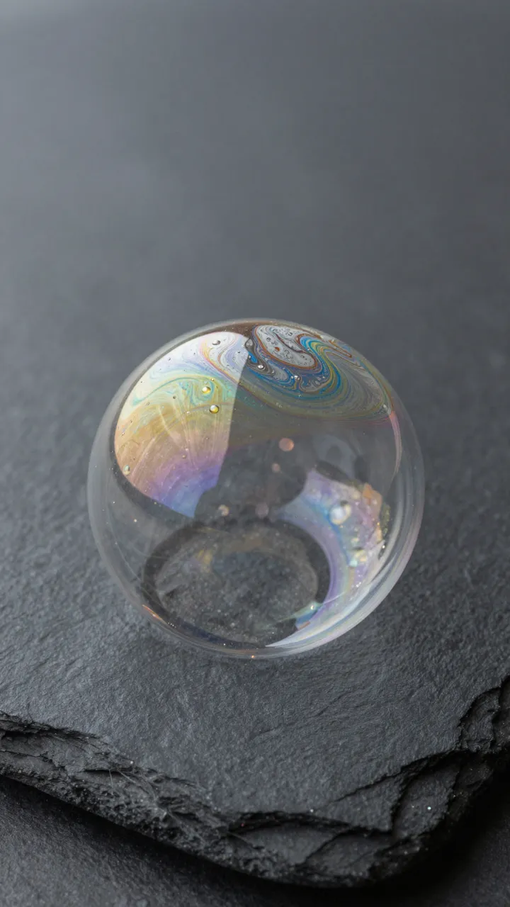 A single spherical soap bubble with swirling rainbow iridescence rests on a dark textured slate surface