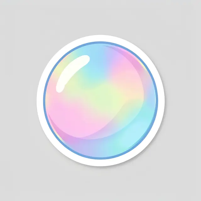 Flat illustration die-cut sticker of an iridescent soap bubble with a white border on a light gray background