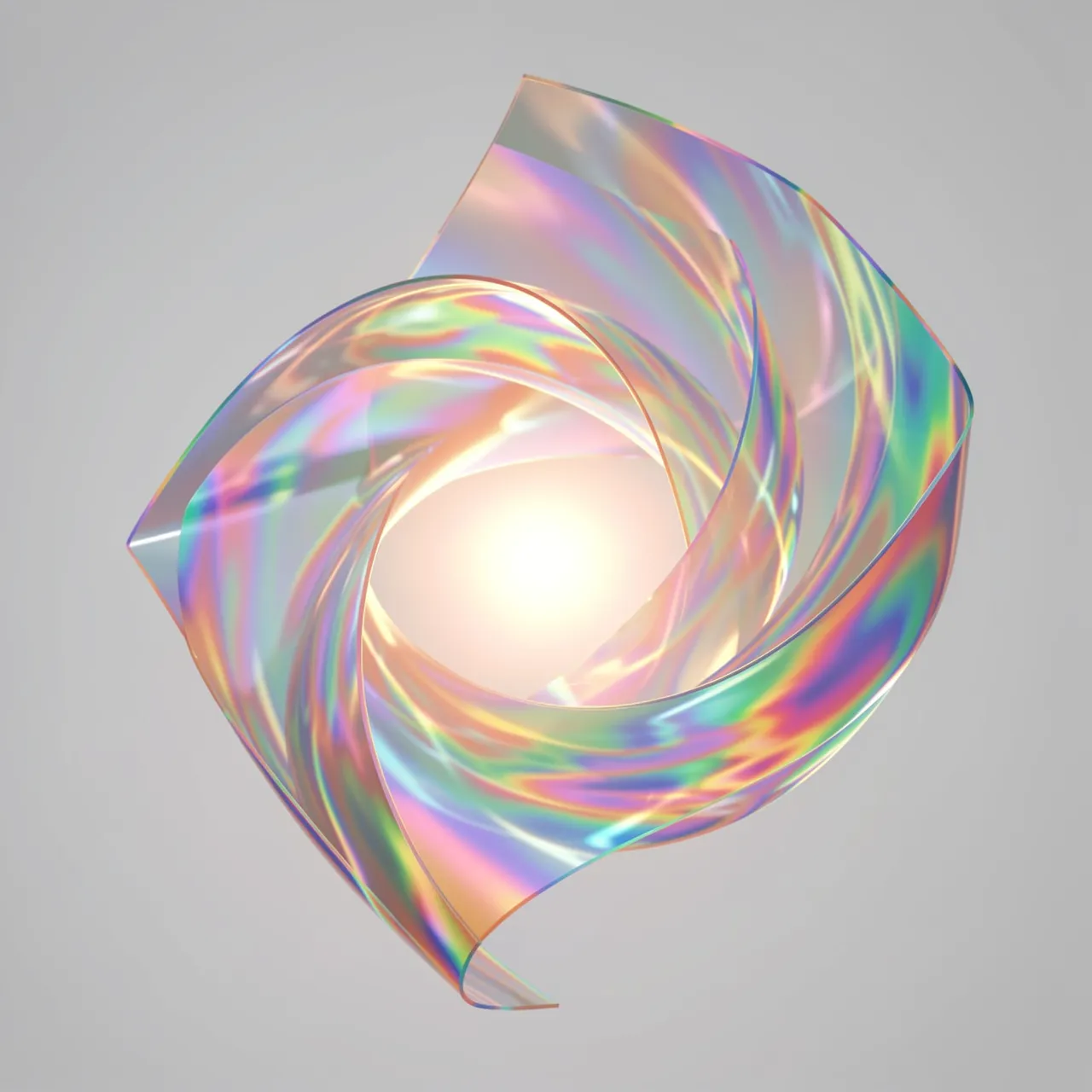 Translucent iridescent thin-film sheets curl around a soft glowing central light on a plain gray background