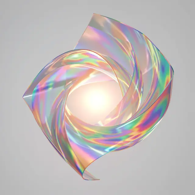 Translucent iridescent thin-film sheets curl around a soft glowing central light on a plain gray background
