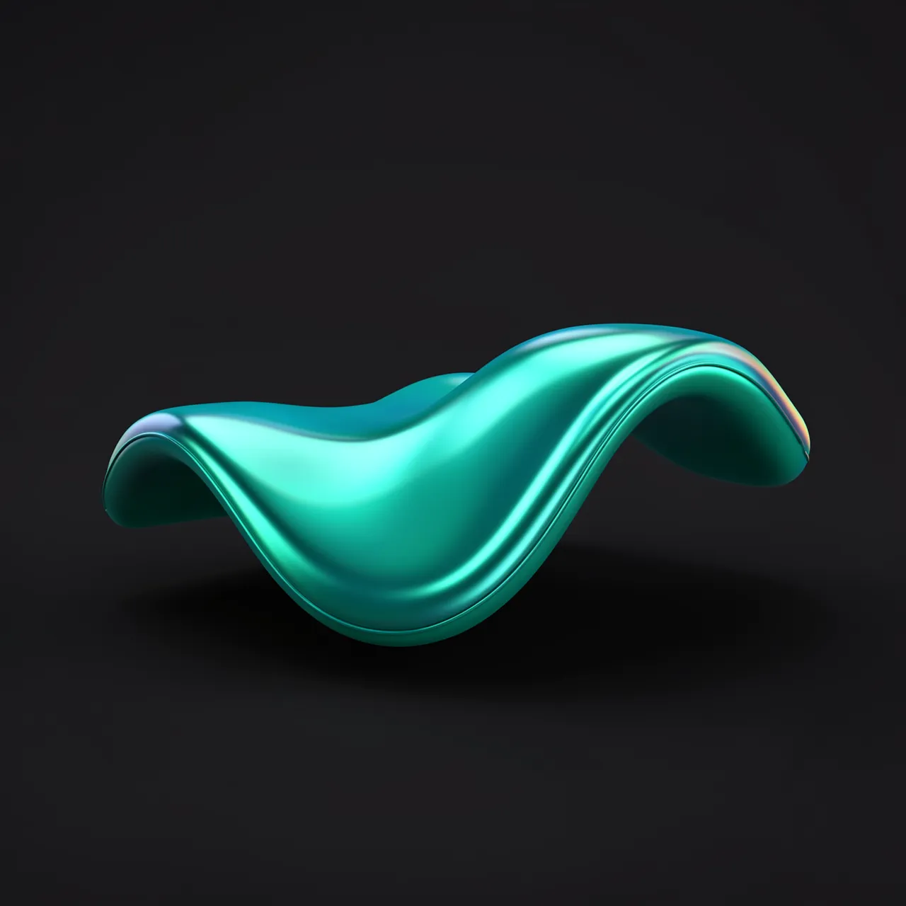 A glossy iridescent teal wavy saddle-shaped 3D render sits against a solid dark background