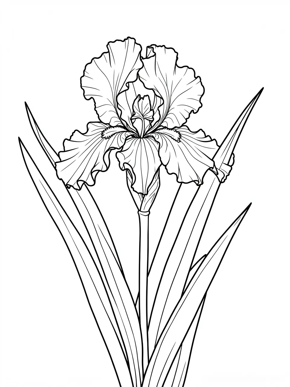 Clean black and white line drawing of a ruffled iris flower with sword-shaped leaves on a plain white background