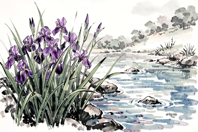 Purple irises grow along a rocky stream edge in a traditional ink wash landscape painting