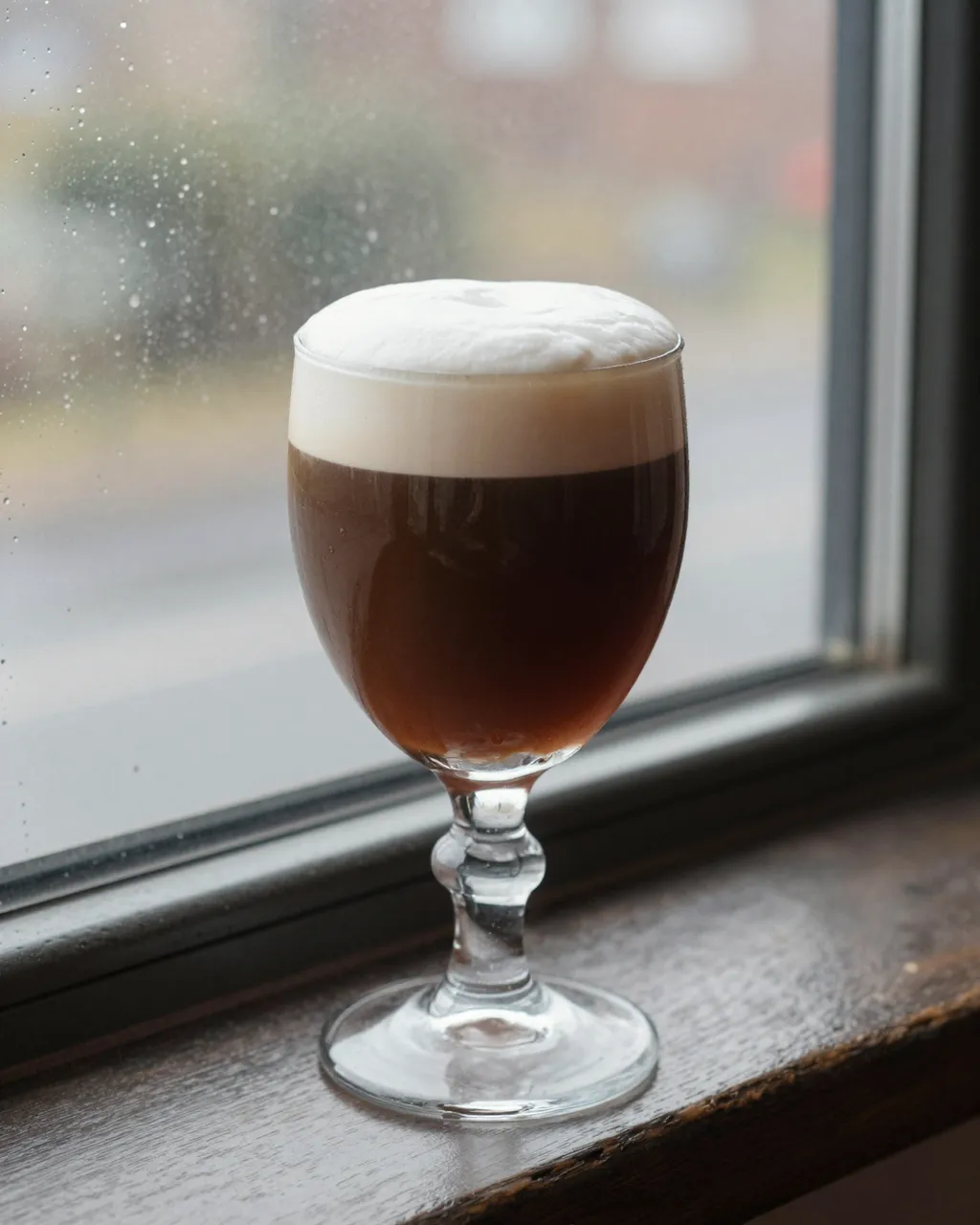 A stemmed glass of irish coffee with thick cream sits on a wooden windowsill next to raindrop-speckled glass.